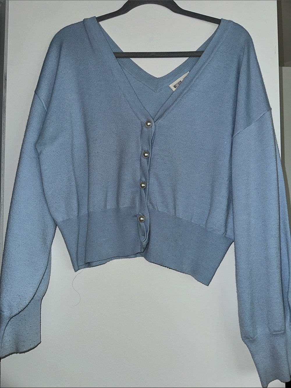 Light Blue V-Neck Pearl Button Women's Sweater